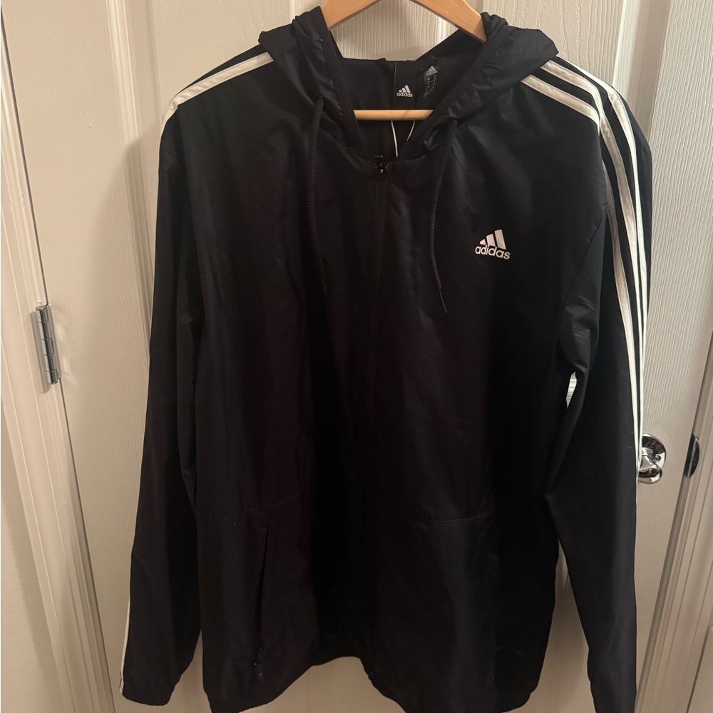 Unisex Adidas Black Windbreaker with White Stripes
